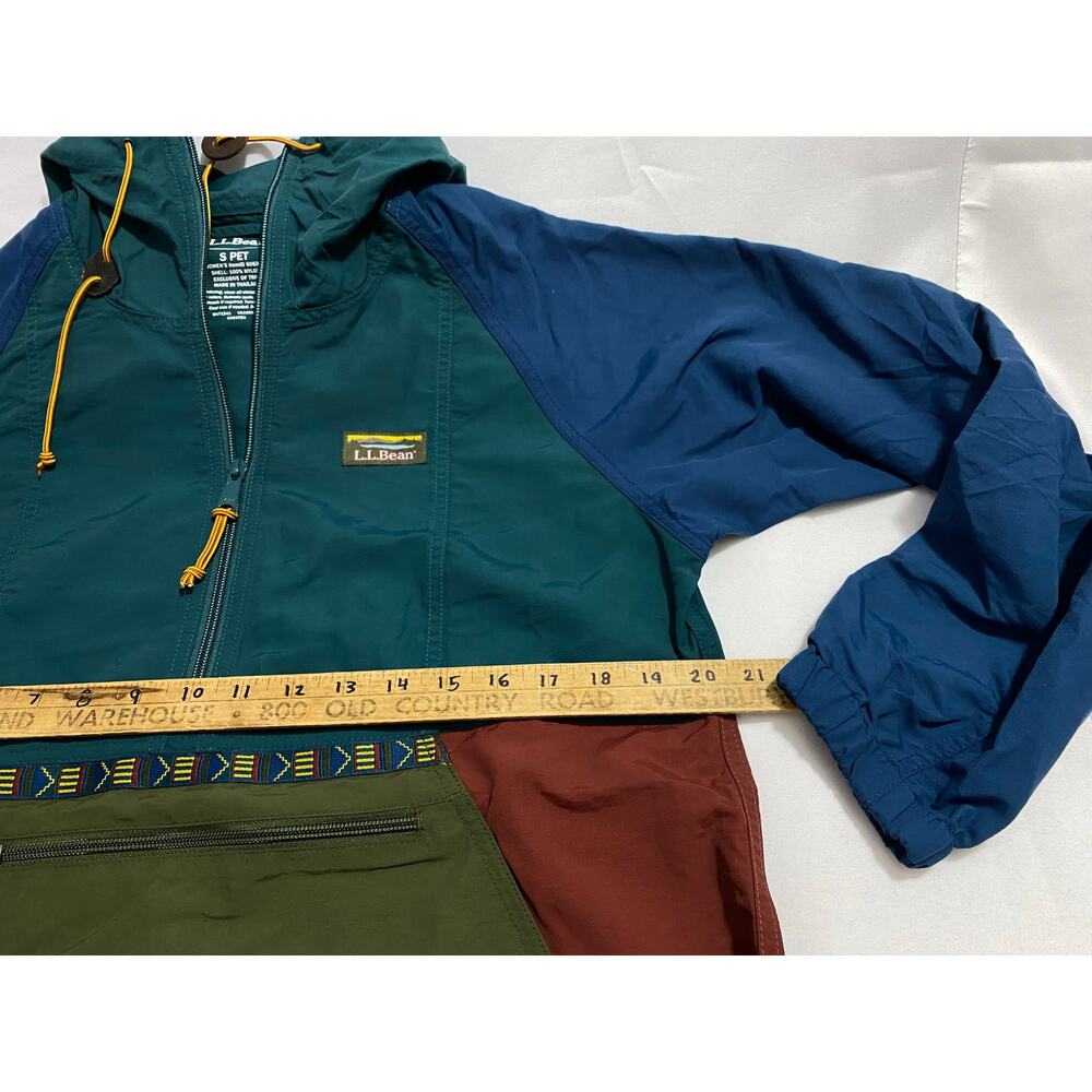 L.L.Bean Colorblock Pullover Jacket Small Petite Blue Green Rust Drawstring Hood - Picture 6 of 8